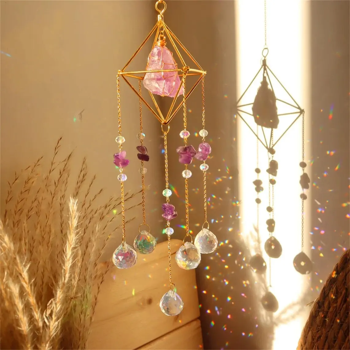 🌞💎 Raw Gemstone Rainbow Suncatcher – 🌈 Window & Garden Hanging Charm ✨ Boho Spiritual Decor