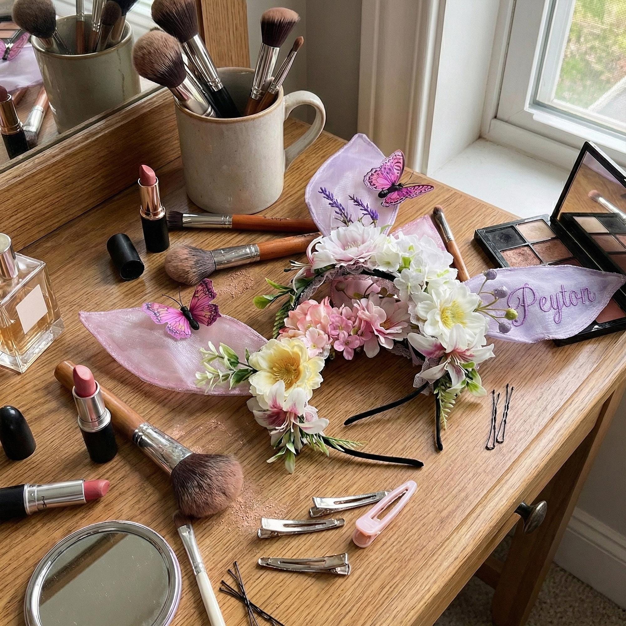 Embroidered Bunny Ears Headband Butterfly Detail 