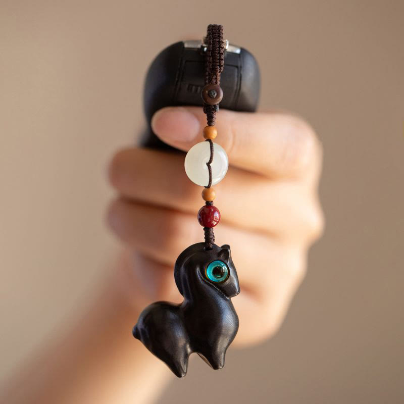 Buddha Stones Year of the Horse Small Leaf Red Sandalwood Green Sandalwood Ebony Wood Calm Key Chain
