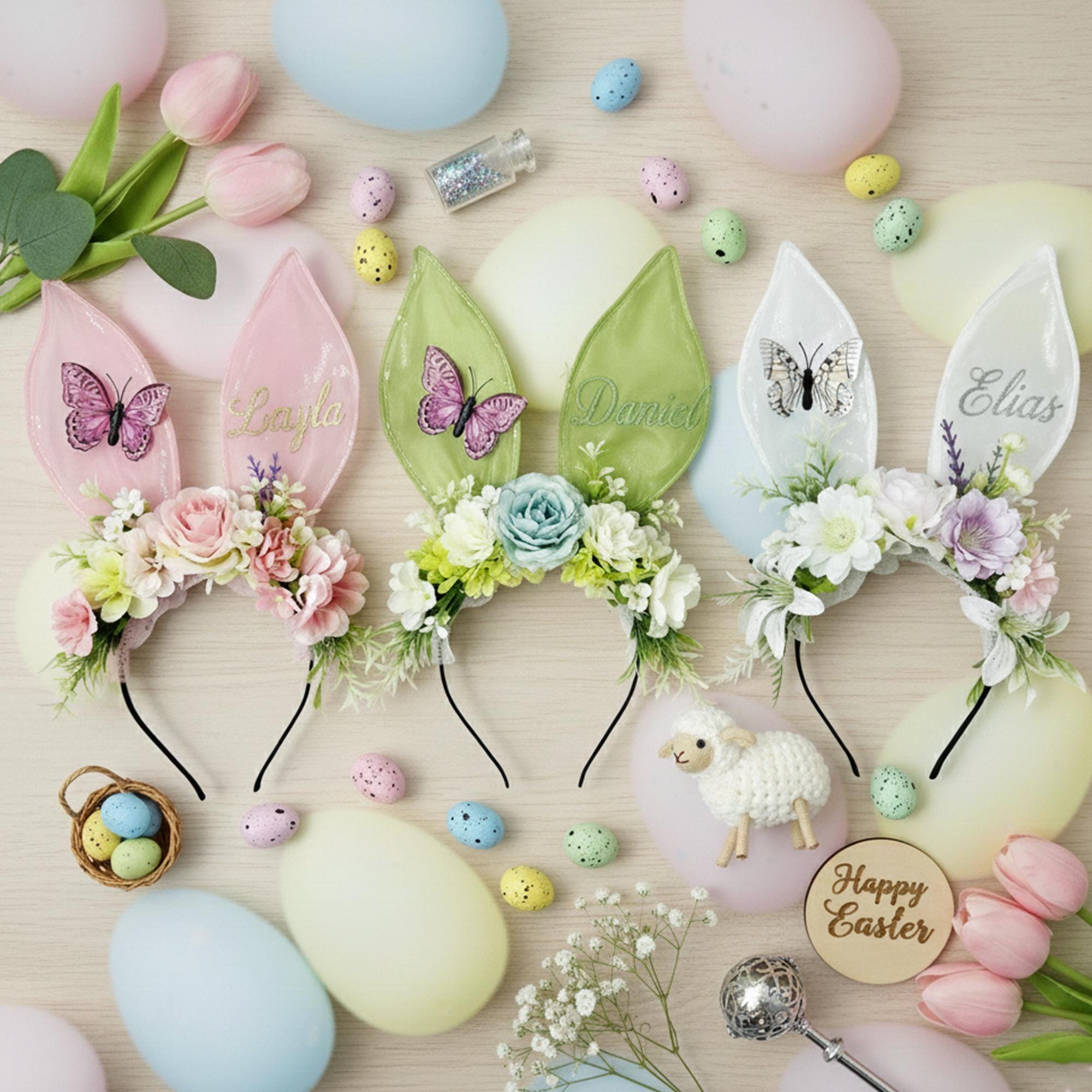 Embroidered Bunny Ears Headband Butterfly Detail 