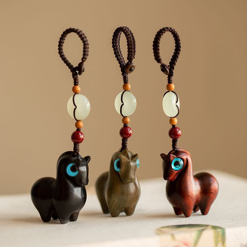 Buddha Stones Year of the Horse Small Leaf Red Sandalwood Green Sandalwood Ebony Wood Calm Key Chain