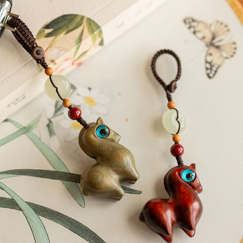 Buddha Stones Year of the Horse Small Leaf Red Sandalwood Green Sandalwood Ebony Wood Calm Key Chain