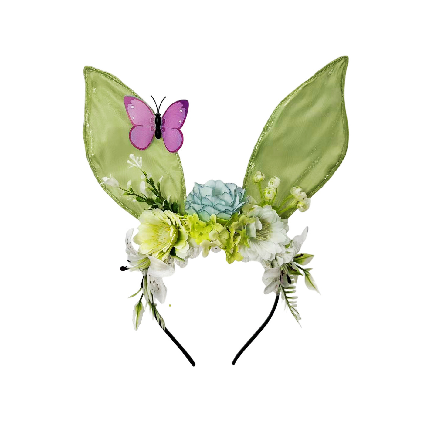 Embroidered Bunny Ears Headband Butterfly Detail 