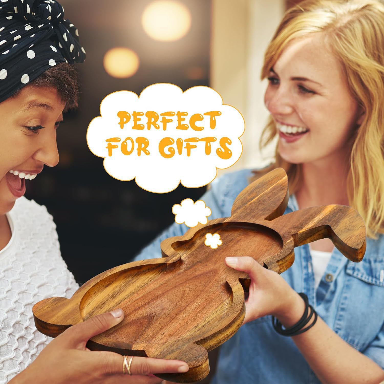 Easter bunny-patterned carved wooden candy tray, suitable for children.