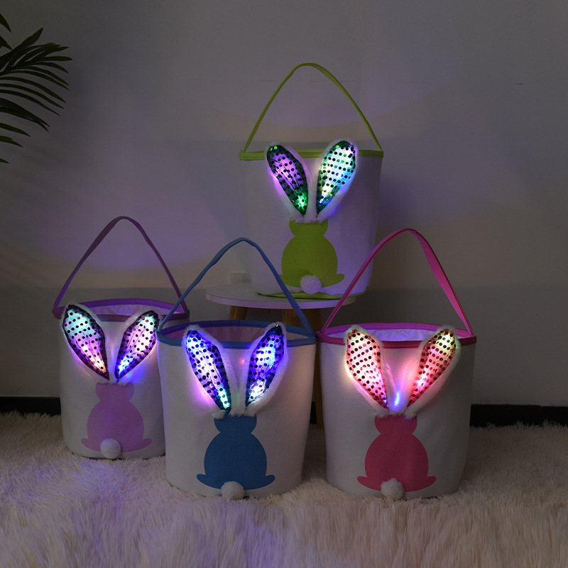 Easter Bunny Basket with Sequin Long Plush LED Light up Ears