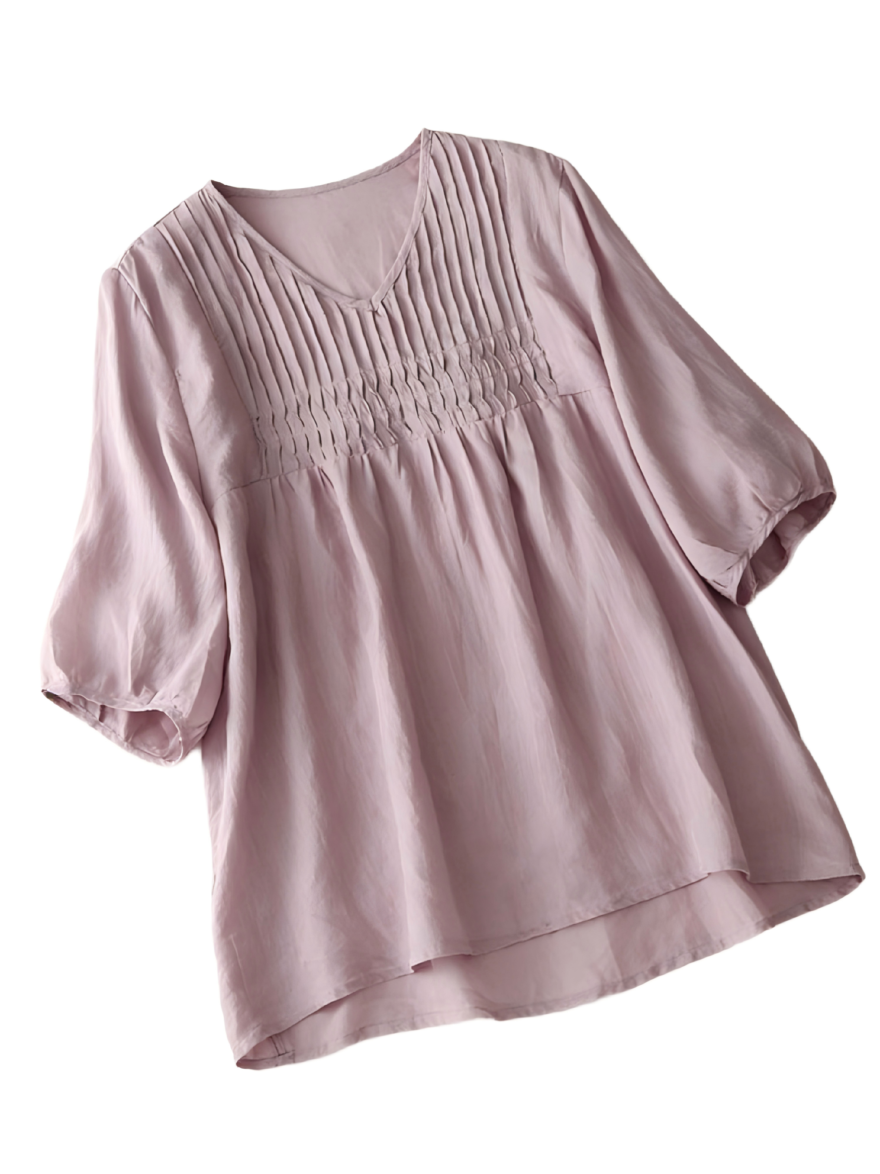 Ladies Solid Color V-Neck Half Sleeve Casual Linen Top