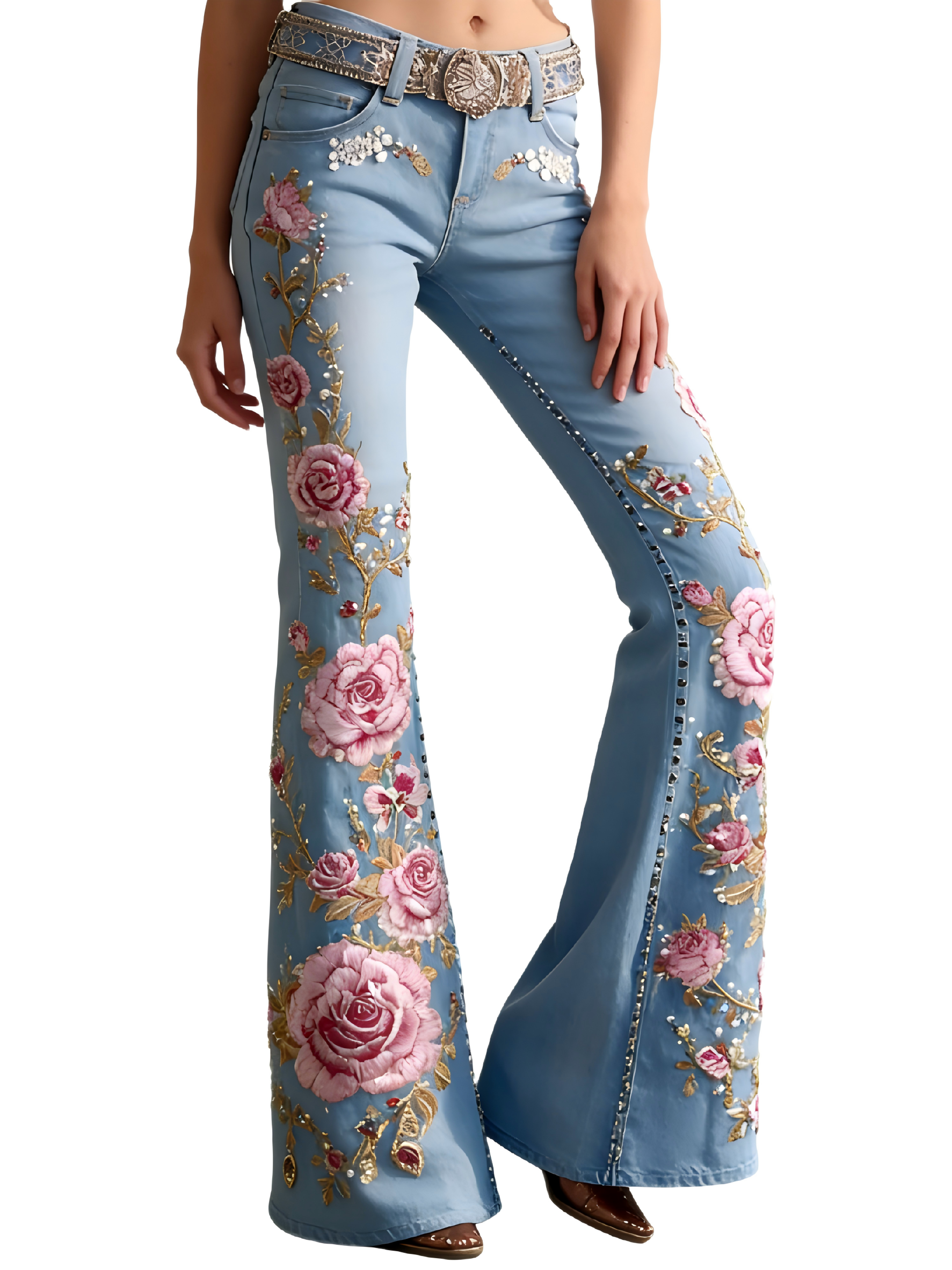 Bohemian Style Women's Plant Flower Embroidery Loose Fit Wide Leg Straight Leg Denim Long Pants
