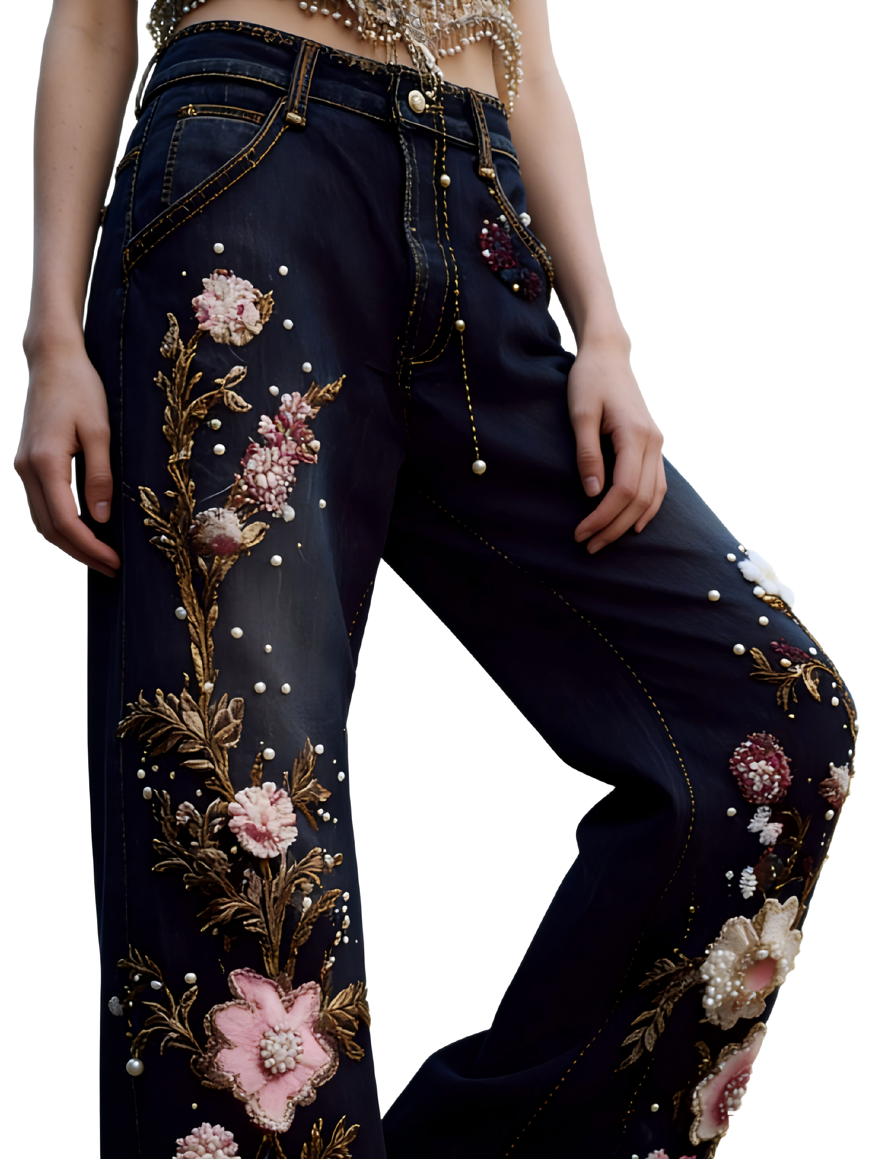 Bohemian Style Women's Plant Flower Embroidery Loose Fit Wide Leg Straight Leg Denim Long Pants