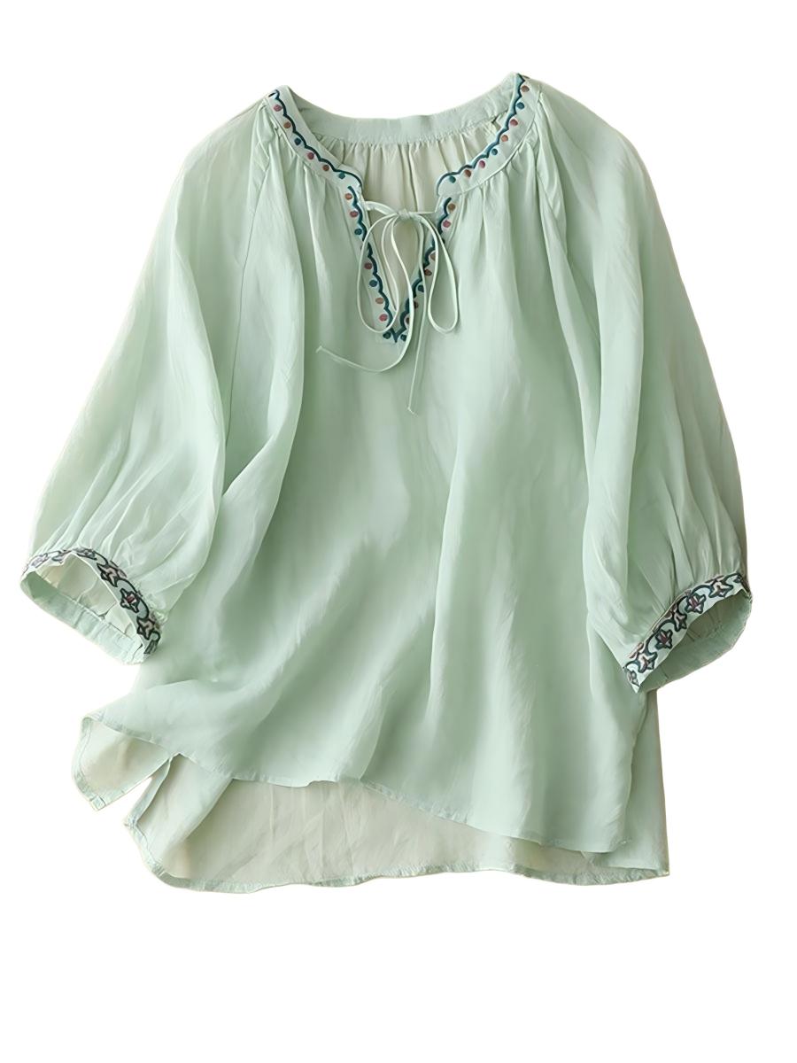 Women's Solid Embroidered V-Neck Tie-Up 3/4 Sleeves Casual Linen Top