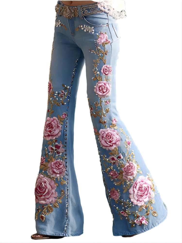 Bohemian Style Women's Plant Flower Embroidery Loose Fit Wide Leg Straight Leg Denim Long Pants