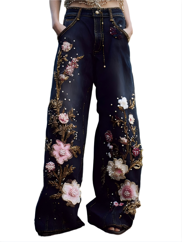 Bohemian Style Women's Plant Flower Embroidery Loose Fit Wide Leg Straight Leg Denim Long Pants