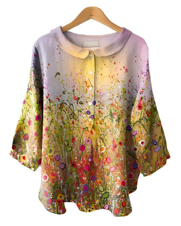 Vintage Floral Print Long Sleeve Peter Pan Collar Shirt