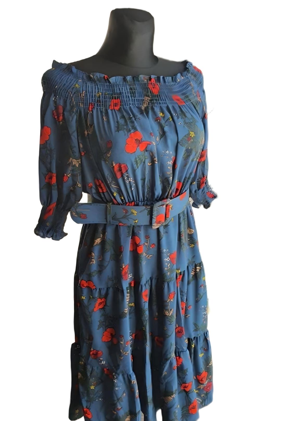 Vintage Dress, Luditu Midi Dress, Dress, Off Shoulder Dress, Poppy in Blue and Red
