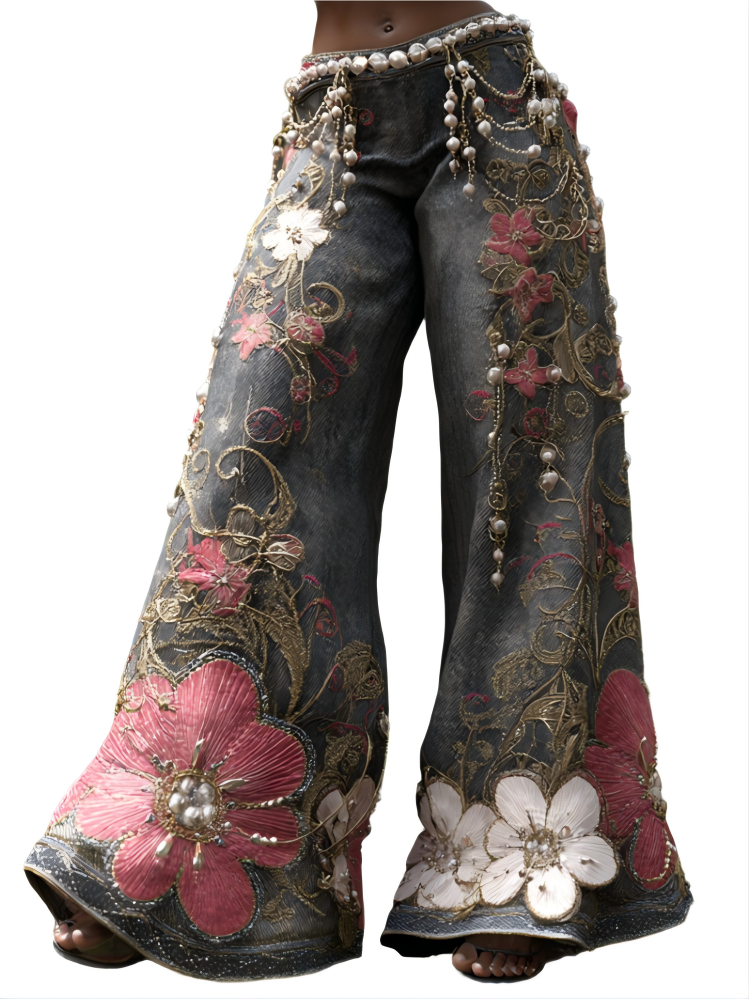 Bohemian Style Women's Plant Flower Embroidery Loose Fit Wide Leg Straight Leg Denim Long Pants