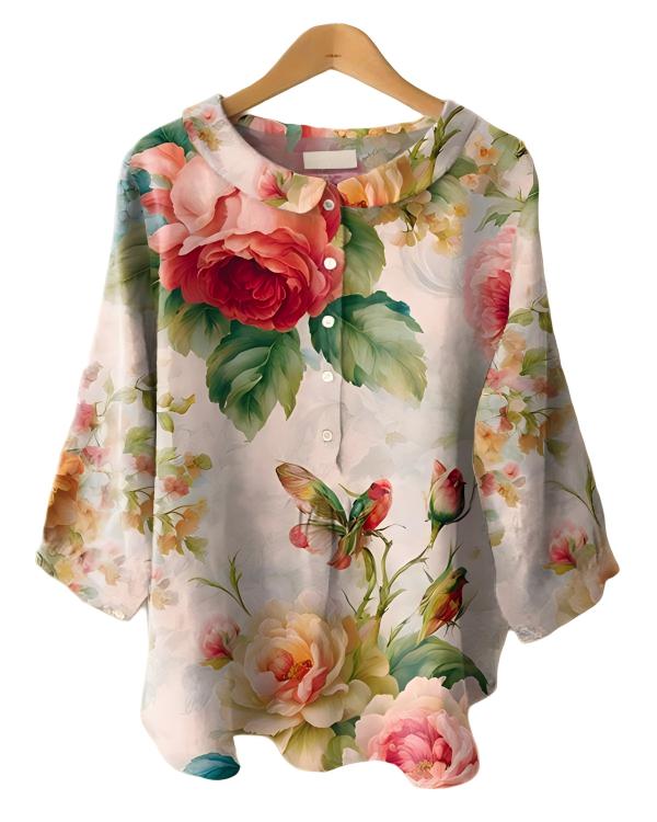 Vintage Floral Print Peter Pan Collar Long Sleeve Shirt
