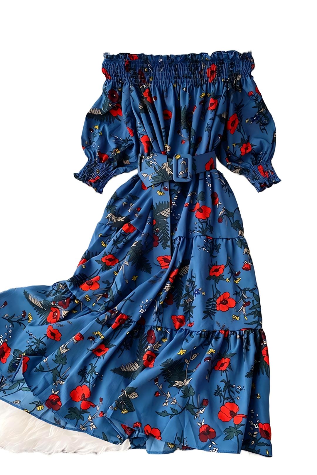 Vintage Dress, Luditu Midi Dress, Dress, Off Shoulder Dress, Poppy in Blue and Red