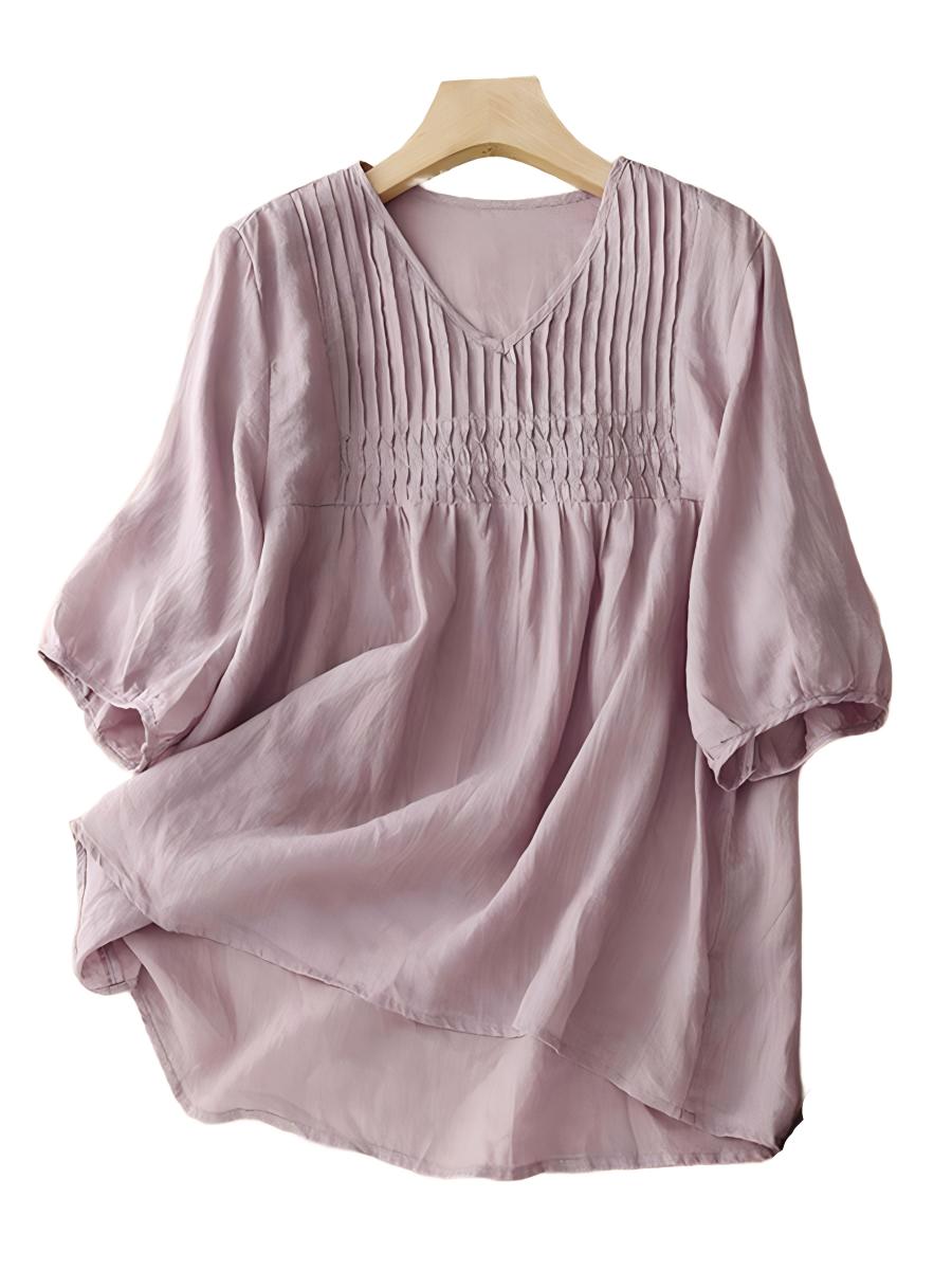 Ladies Solid Color V-Neck Half Sleeve Casual Linen Top