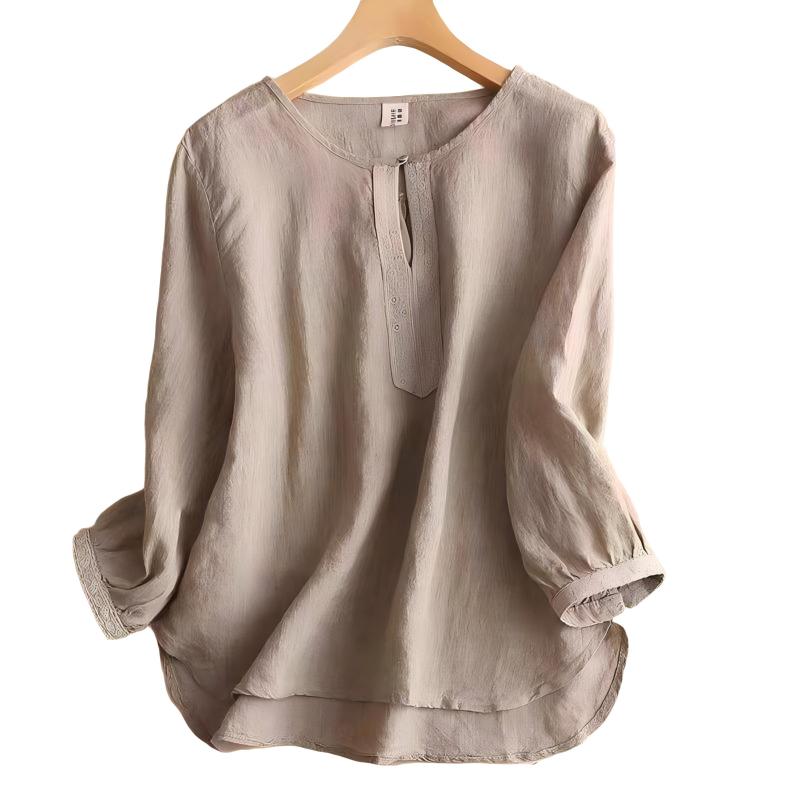 Women's Solid Color Casual Cotton And Linen Round Neck Shirt