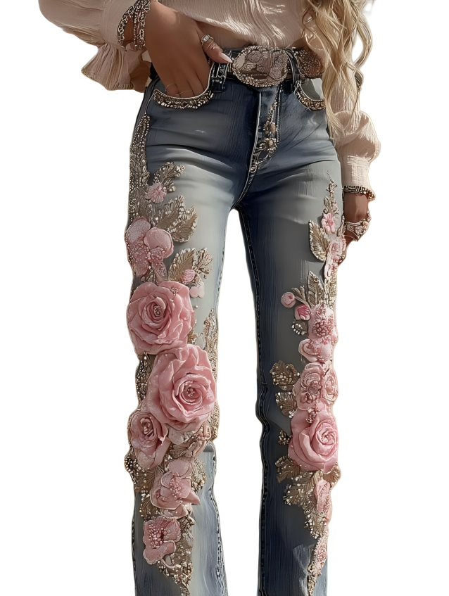 Women's Vintage Rose Floral Embroidery Art Jeans