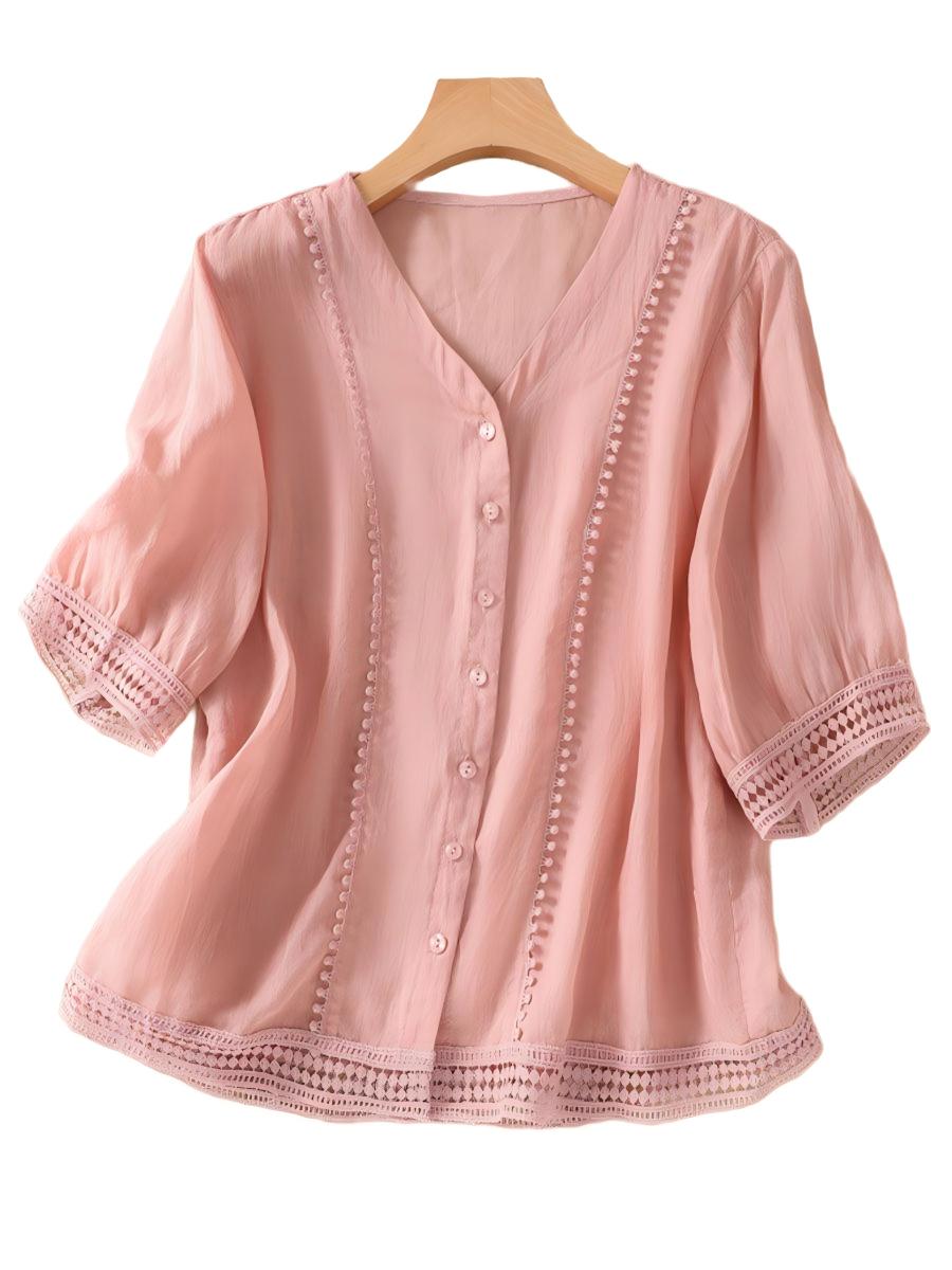 Women's V-neck Short Sleeve Crochet Casual Linen Cardigan Shirt