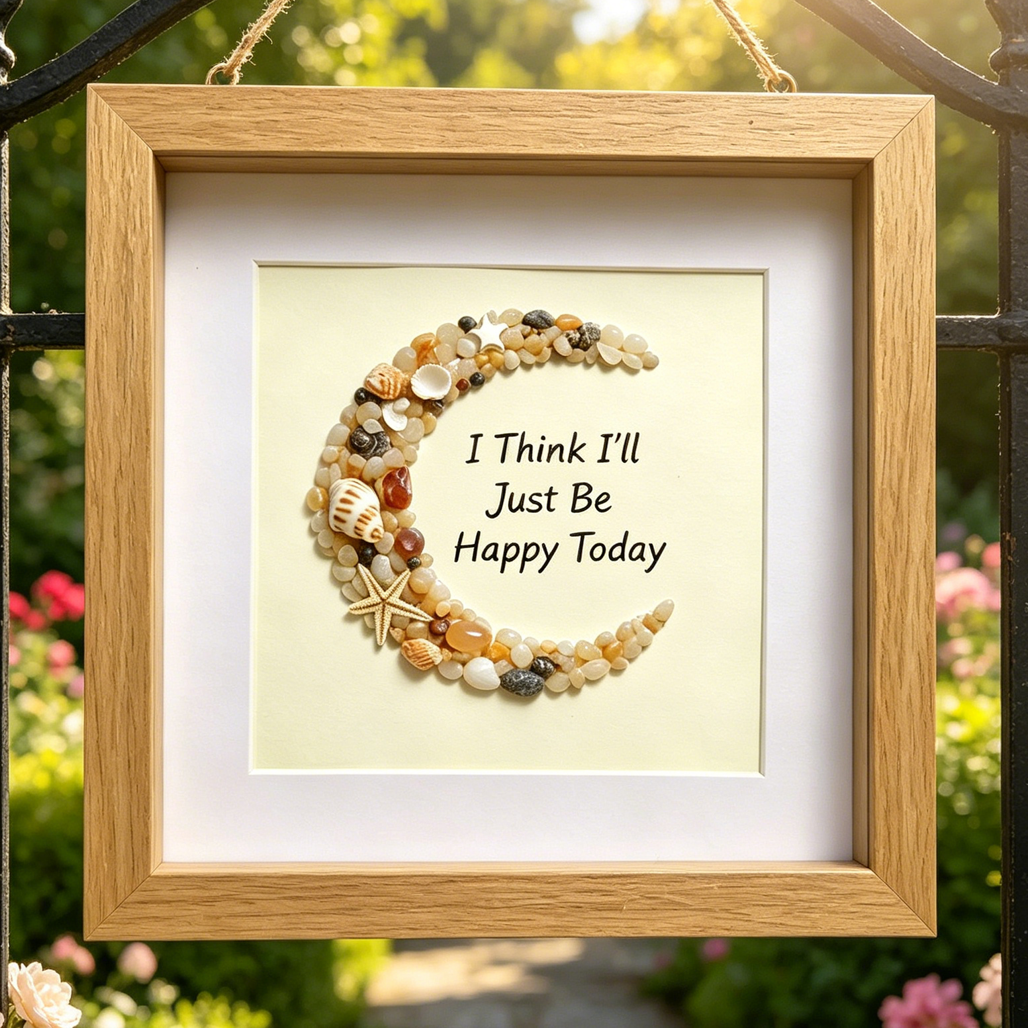 Pebble Art Moon Picture Frame-"I Think I'll Just Be Happy Today" 