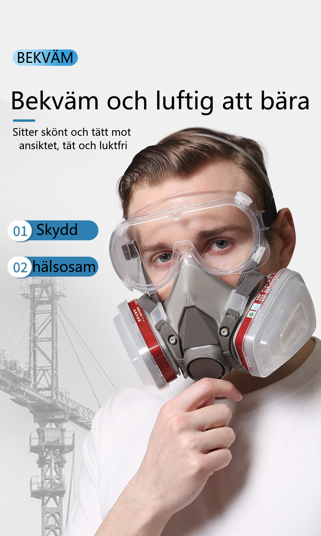 Återanvändbar gasmask med skyddsglasögon | Skyddar mot gifter och damm – Andas fritt och säkert