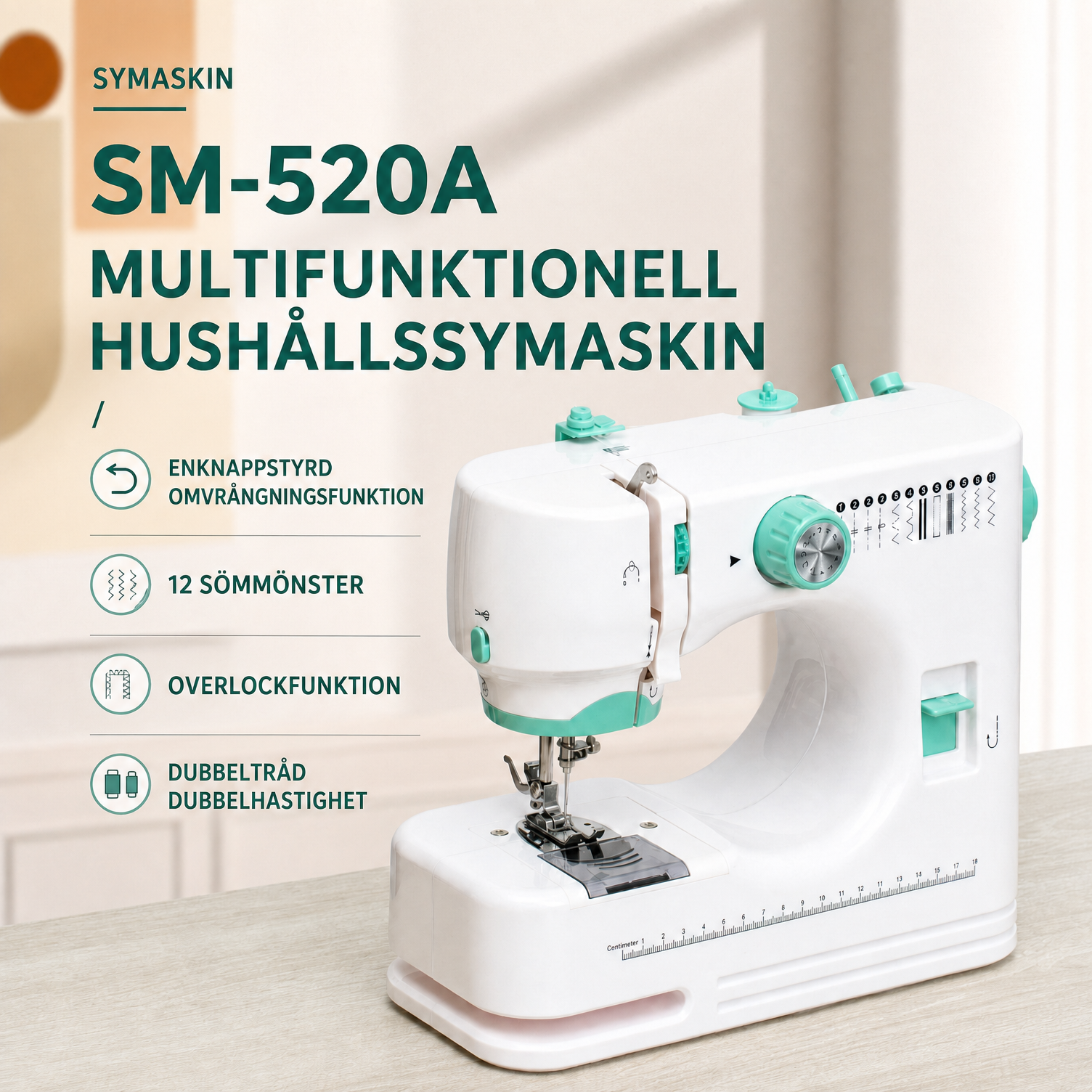 SM520 hushållssymaskin med dubbeltråd, dubbelnål och 12 stygnalternativ