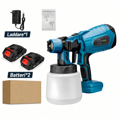 En sladdlös sprutpistol med 2 batterier, passar till DIY-målning av hus, möbler och staket.