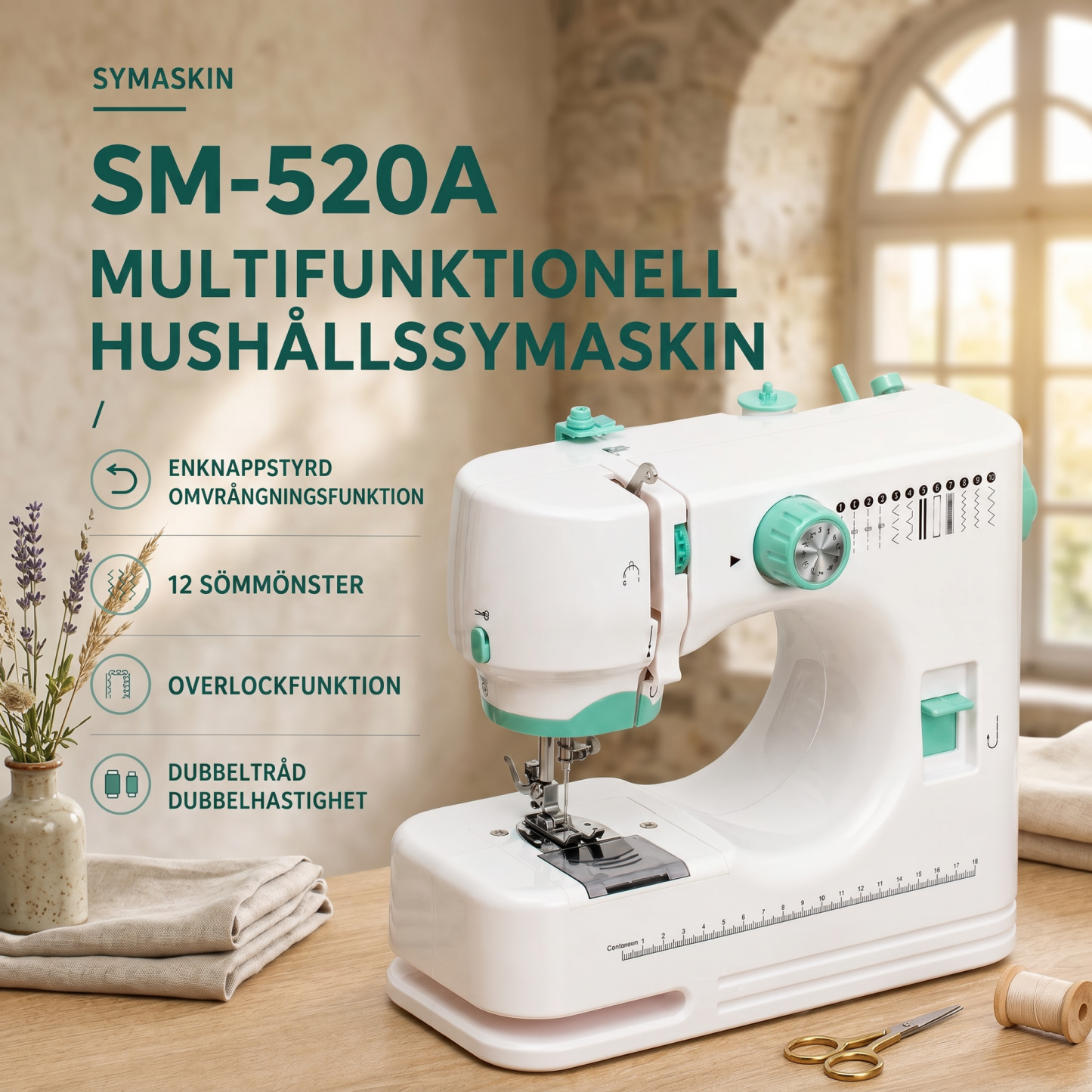 SM520 hushållssymaskin med dubbeltråd, dubbelnål och 12 stygnalternativ