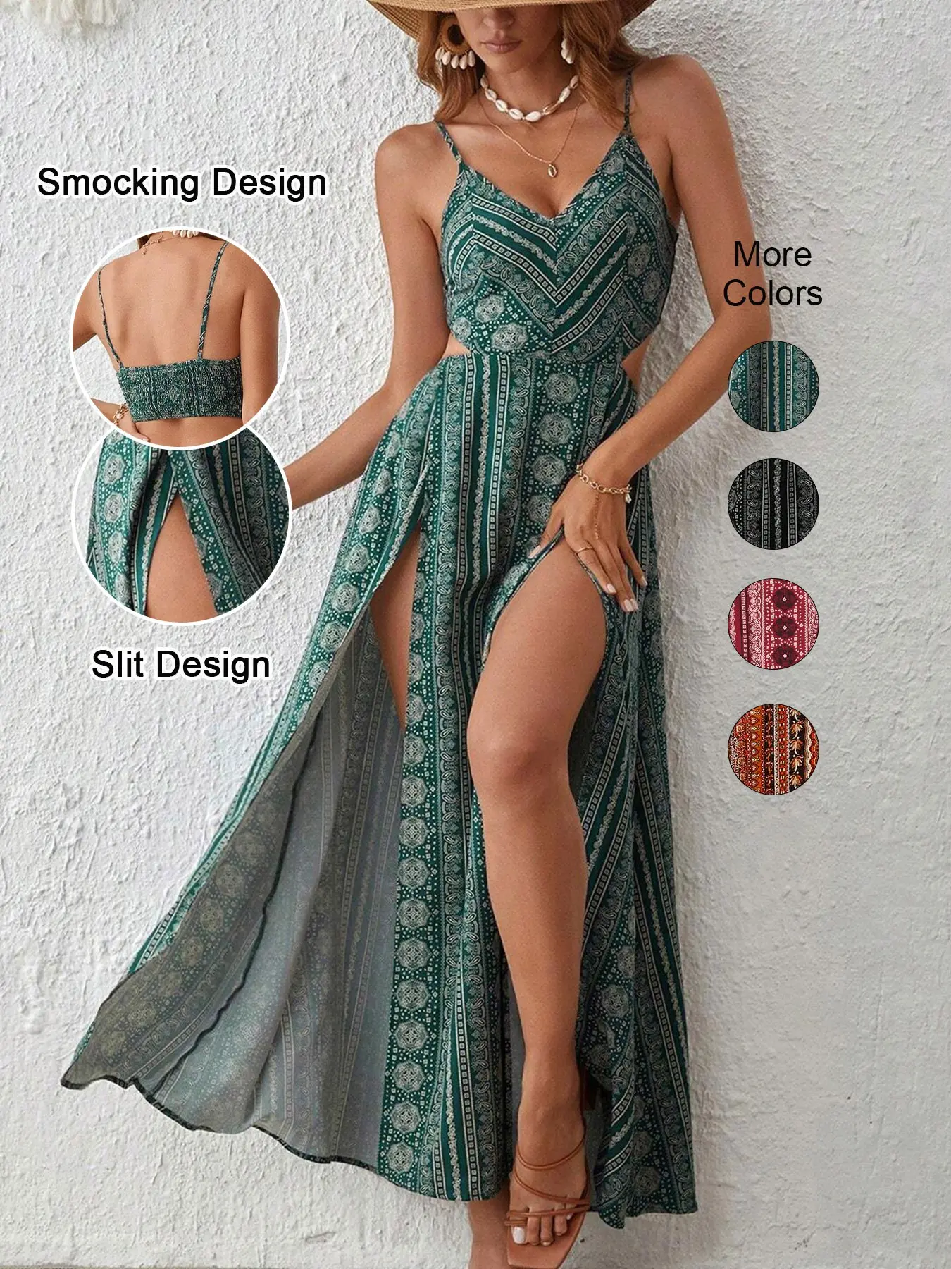 Women's Boho Striped Bodycon Dress, Slit Thigh Backless Spaghetti Strap, Perfect for Beach Vacation & Layering