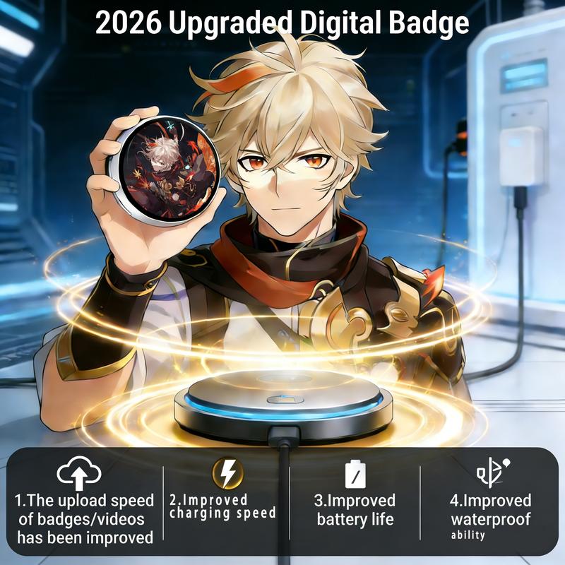 This digital badge can display photos, videos, and GIF animations.  It features a pixel touchscreen, is lightweight and portable, has a long-lasting 500mAh battery, and is multi-functional.  It's perfect for anime and gaming enthusiasts and makes an ideal