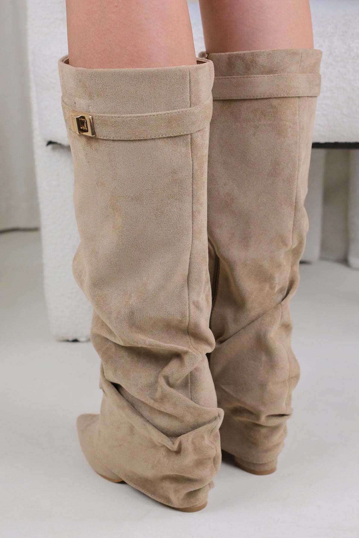 Taupe Faux Suede Slouchy Fold Over Shark Boots