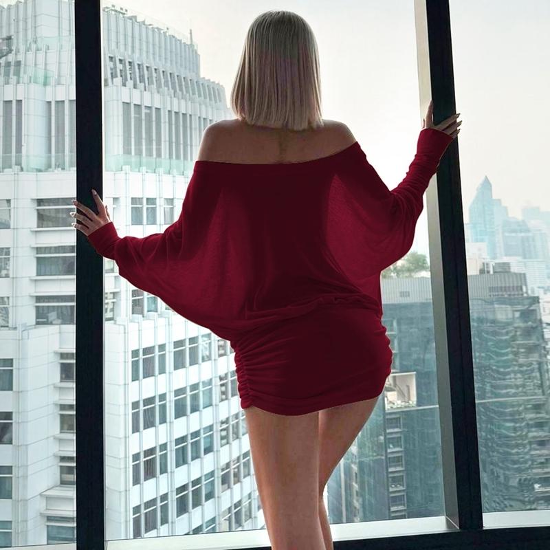 Women's Sheer Ruched Party Dress, Off-The-Shoulder Long Sleeve Women's Mini Dress for Spring & Fall