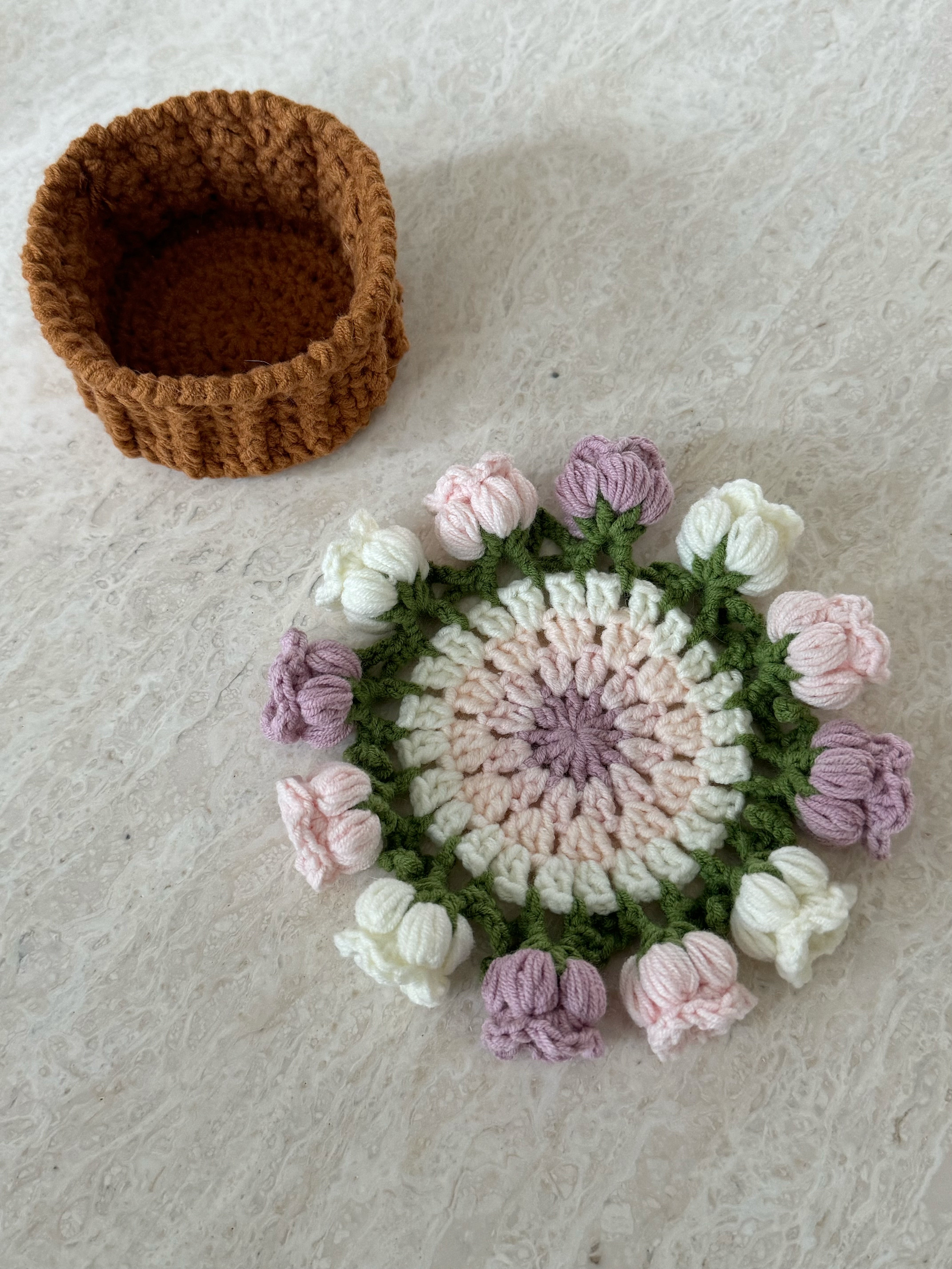 Handmade crochet flower pot coasters