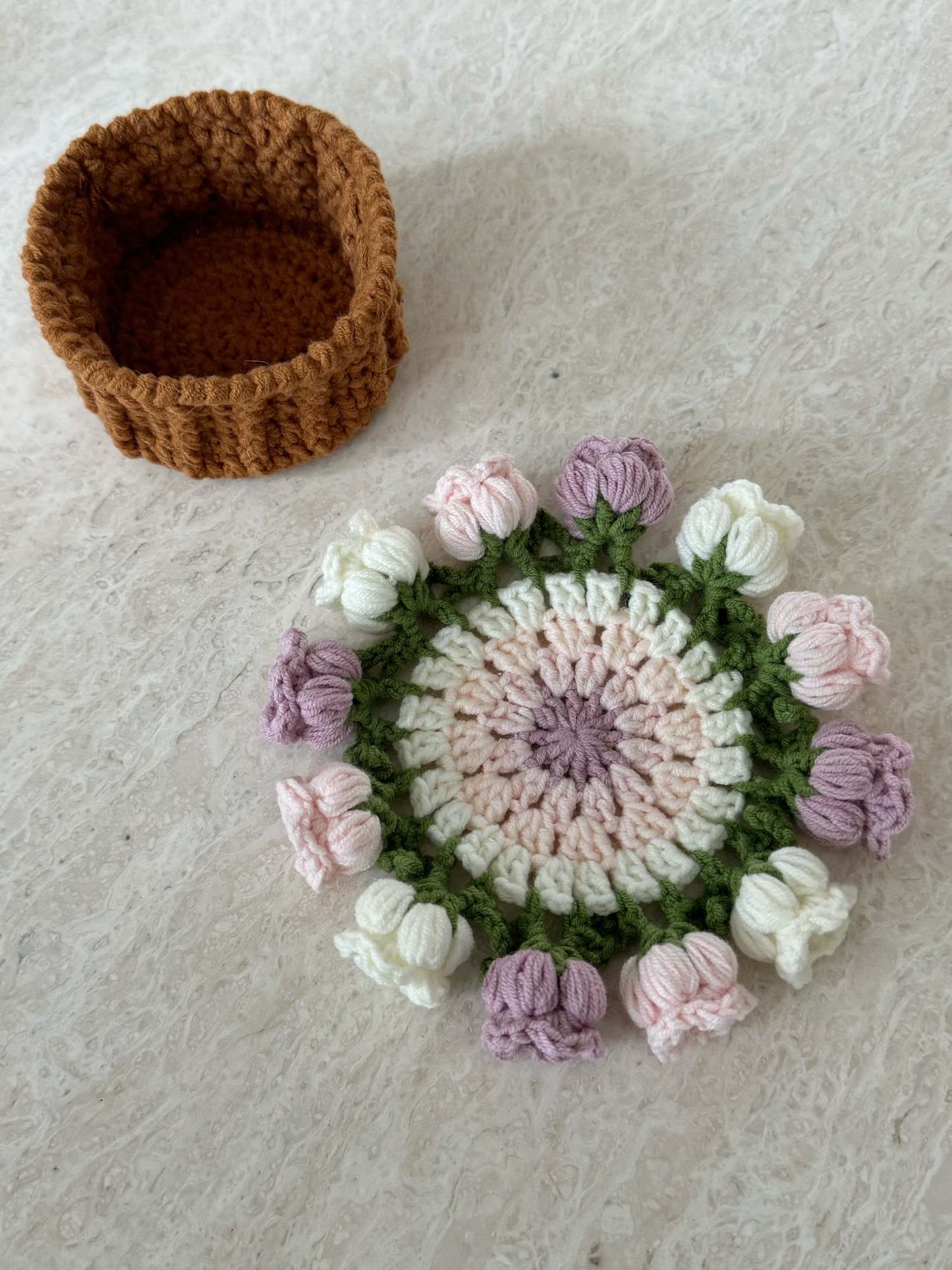 Handmade crochet flower pot coasters