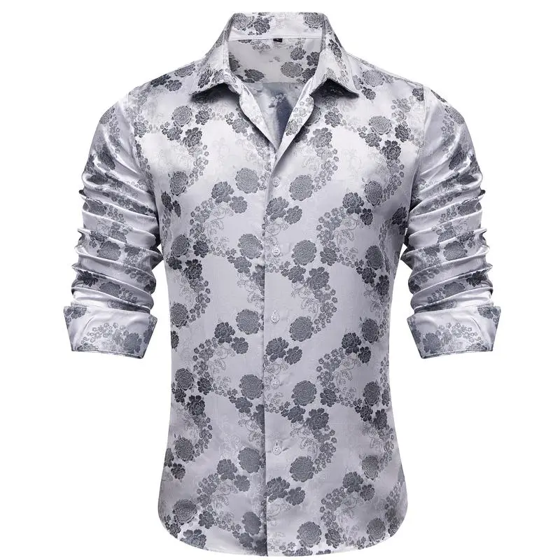 Men's Paisley Print Dress Shirt — Long Sleeve, Wrinkle-Free, Button-Down Collar, Denim Style. Blending both casual and formal aesthetics, this regular-fit black shirt serves as a wardrobe staple suitable for both business environments and everyday wear.