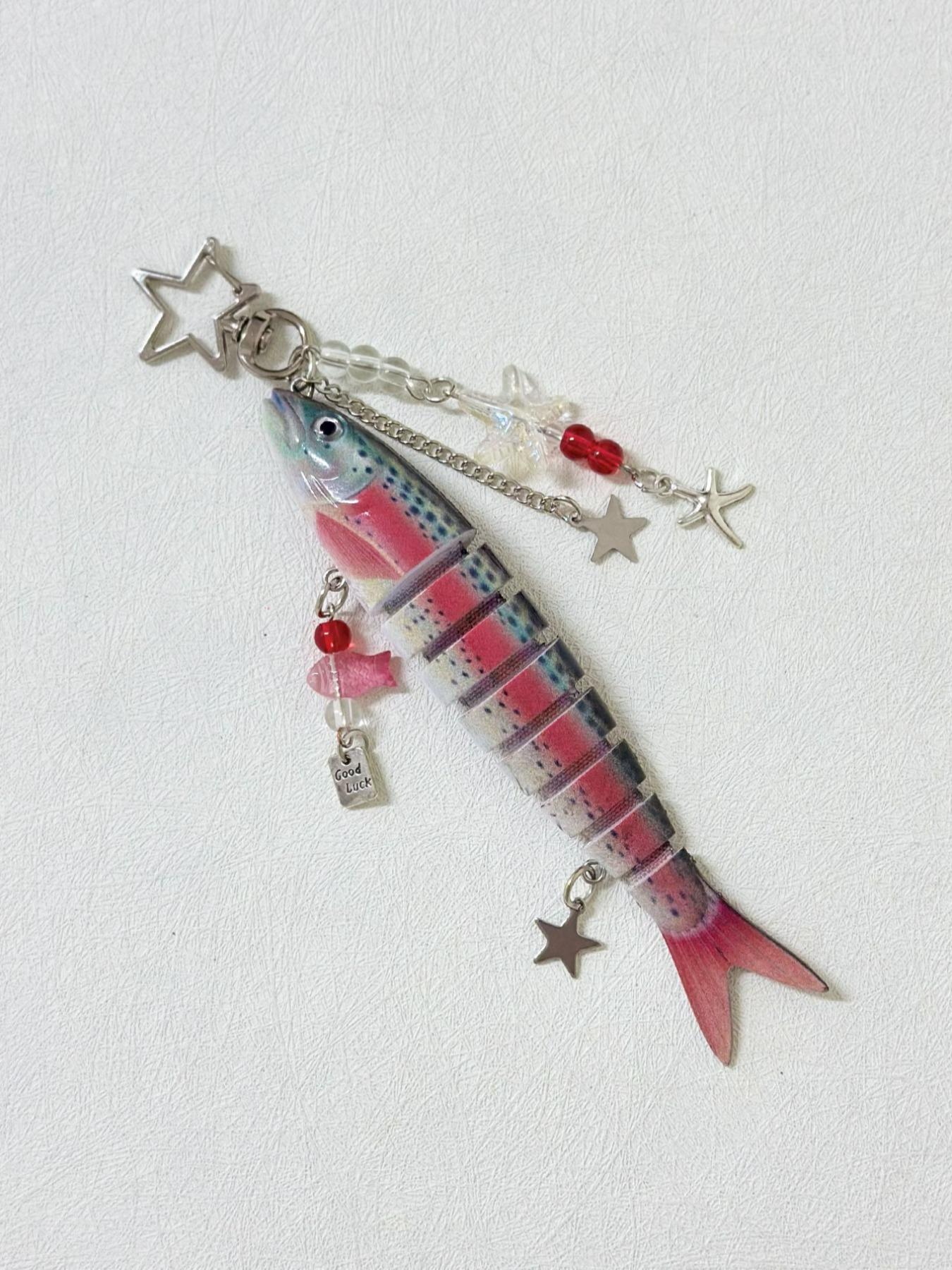 Novelty Star Fish Keychain,Fisherman Fishing Enthusiasts Creative Fish Bait Keychain,Jointed Design Fish Keychain with Beaded Charm,Fishing Lure Keychain Realistic Fish Keyring Bag Backapack Charm,Good Luck Aesthetic Fish Key Pendant Aesthetic Trinket