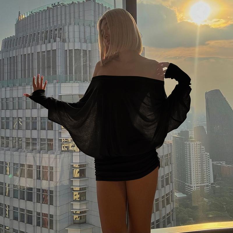 Women's Sheer Ruched Party Dress, Off-The-Shoulder Long Sleeve Women's Mini Dress for Spring & Fall