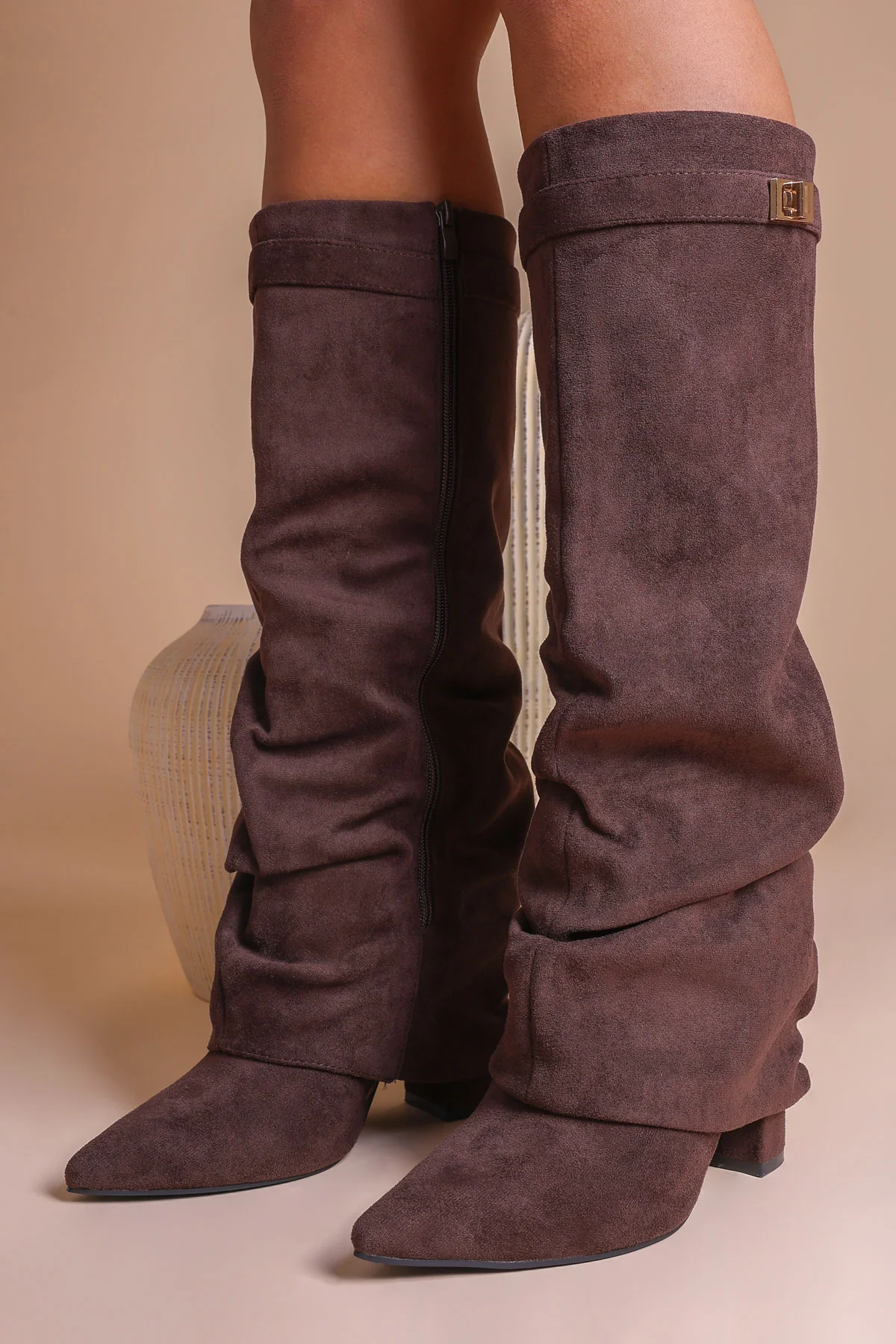 Taupe Faux Suede Slouchy Fold Over Shark Boots