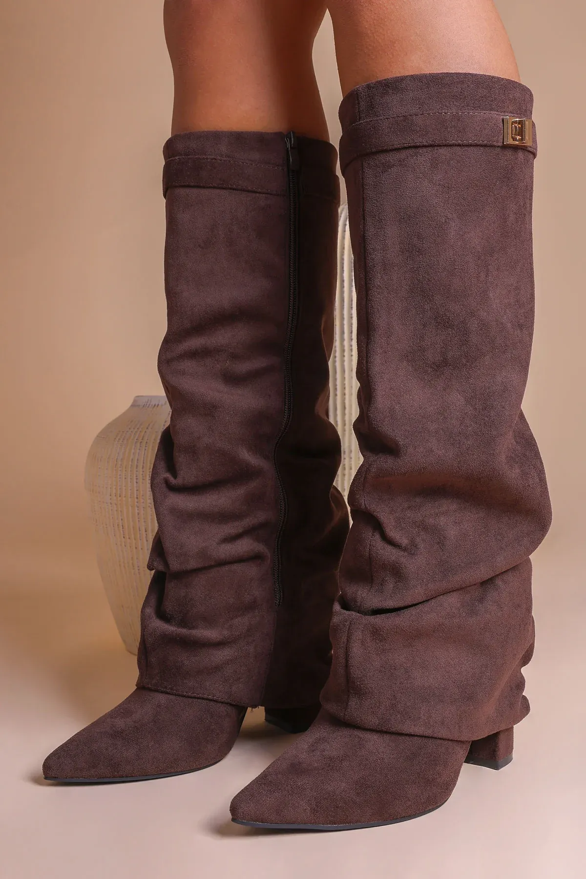 Taupe Faux Suede Slouchy Fold Over Shark Boots