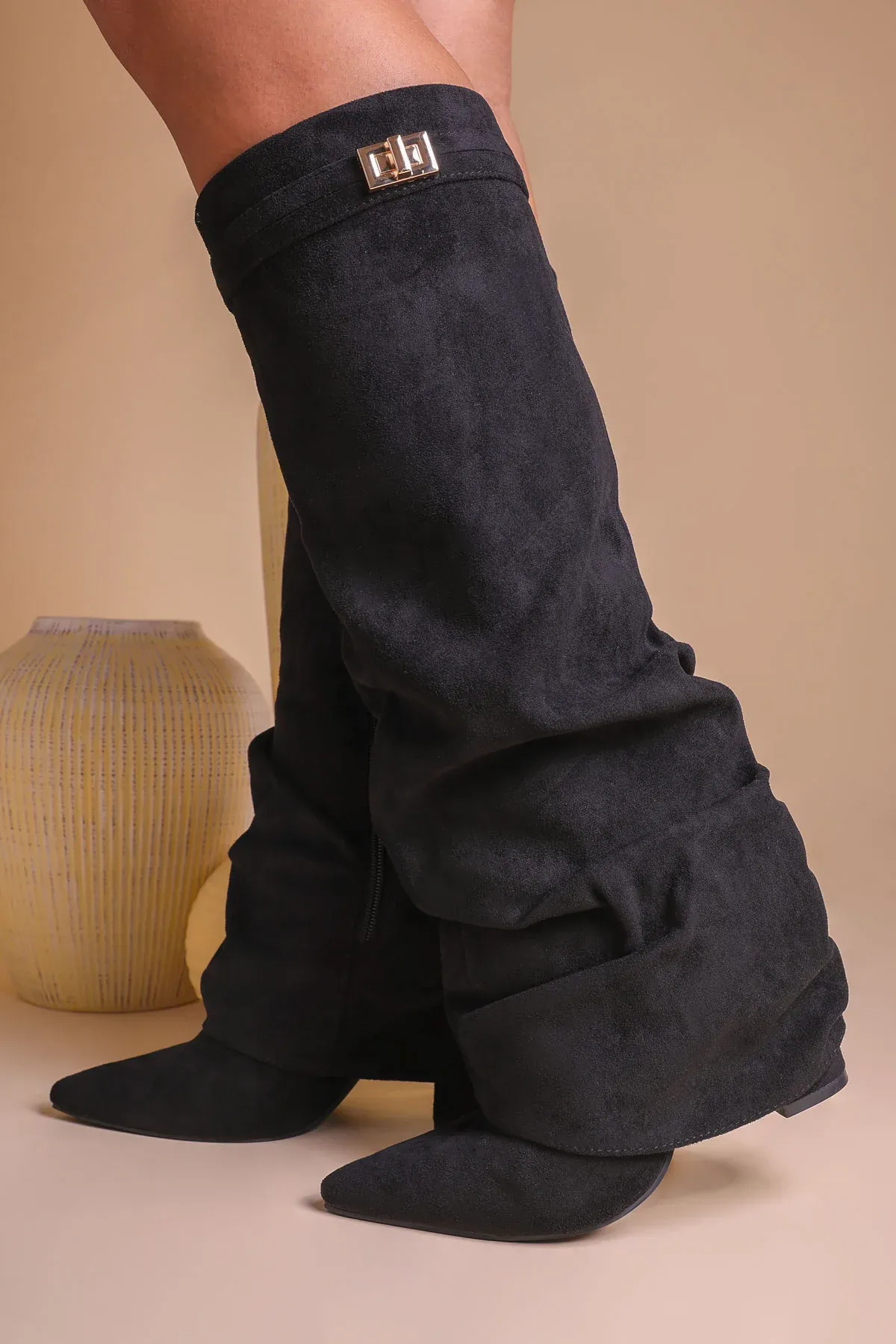 Taupe Faux Suede Slouchy Fold Over Shark Boots