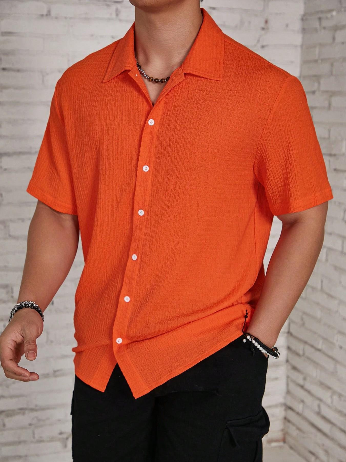 Men's Textured Button Front Shirt, Casual Classic Regular Fit Short Sleeve Plain Collared Top for Summer, Summer Leisure Top 2024, National Day Clothing, Button Up Tops, Men's Clothes for Daily Wear Men's Textured Button Front Shirt, Casual Classic Regular Fit Short Sleeve Plain Collared Top for Summer, Summer Leisure Top 2024, National Day Clothing, Button Up Tops, Men's Clothes for Daily Wear