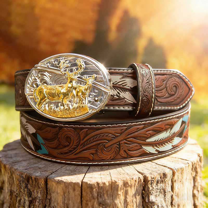 T-Brown Leather Belt with Two-tone Strap Holder Buckle