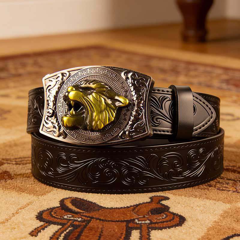 T-Western Black Leather Patterned Tool Belt - Square with Holder Buckle