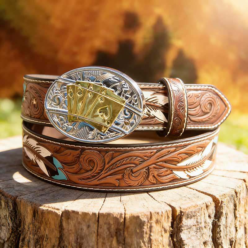 T-Brown Leather Belt with Two-tone Strap Holder Buckle