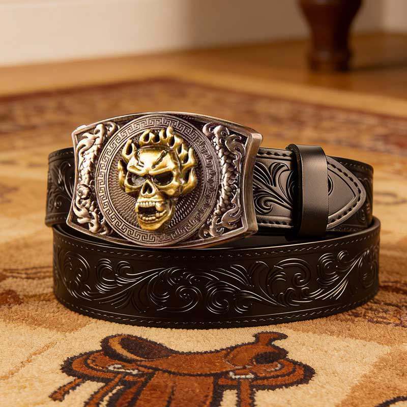 T-Western Black Leather Patterned Tool Belt - Square with Holder Buckle