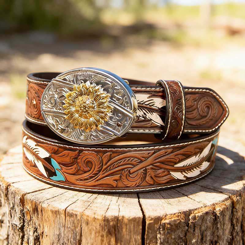 T-Brown Leather Belt with Two-tone Strap Holder Buckle