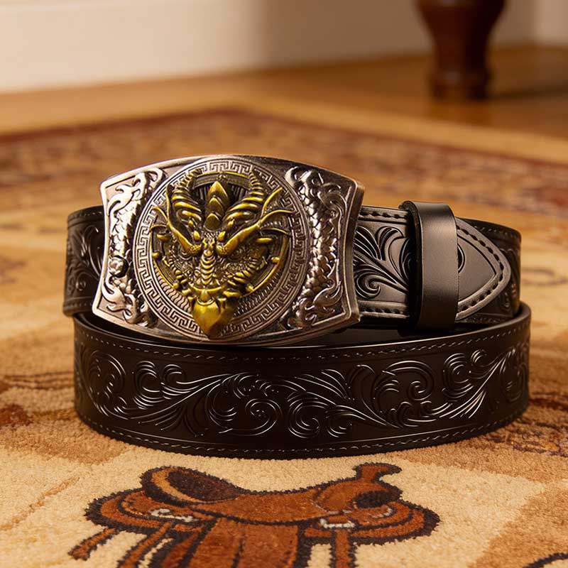 T-Western Black Leather Patterned Tool Belt - Square with Holder Buckle