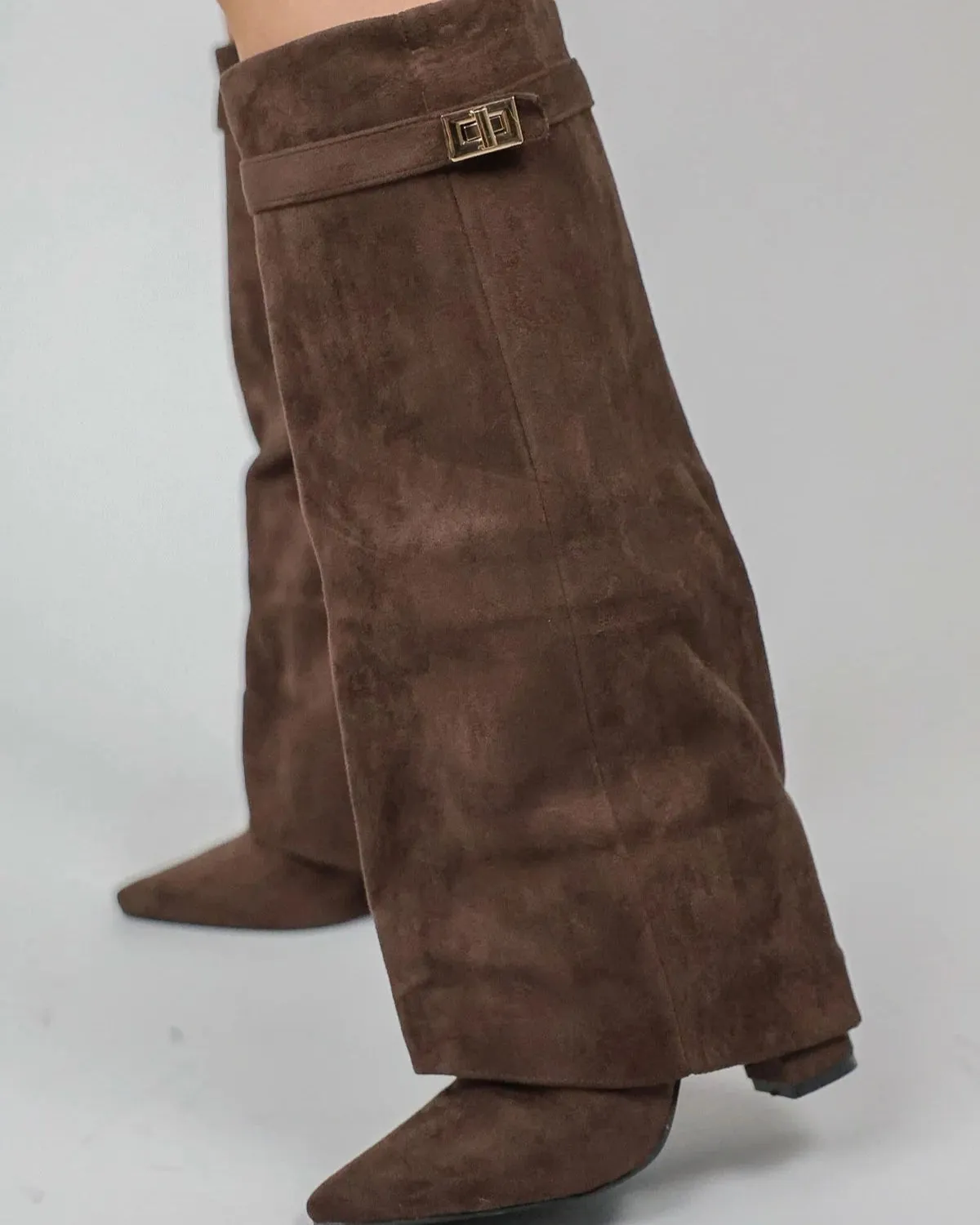 Taupe Faux Suede Slouchy Fold Over Shark Boots