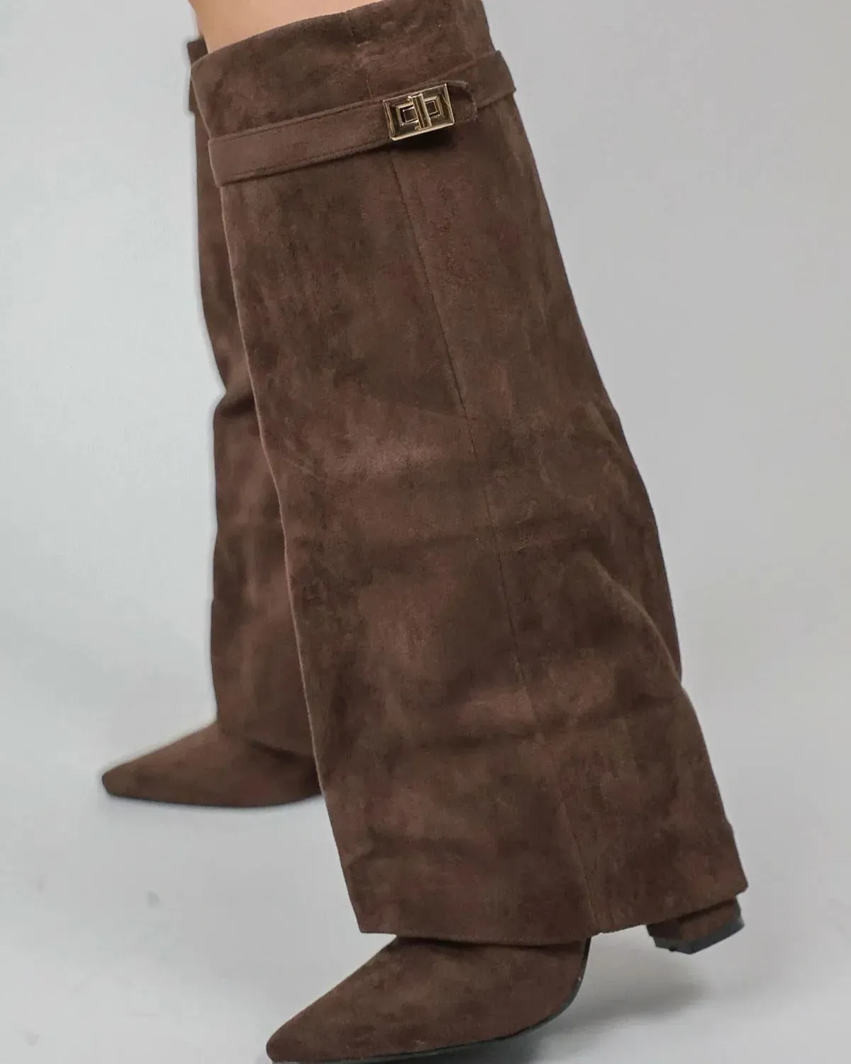 Taupe Faux Suede Slouchy Fold Over Shark Boots